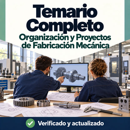 Portada del temario completo de Organización y Proyectos de Fabricación Mecánica FP, con dos profesionales revisando un diseño mecánico.