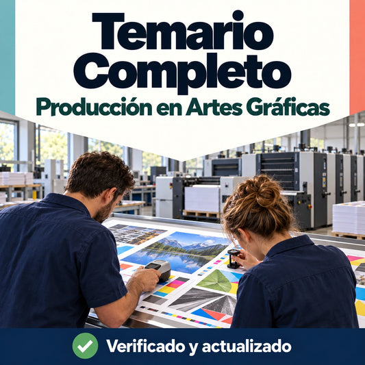 Temario de Producción en Artes Gráficas FP, 60 temas, con dos profesionales revisando pruebas de impresión.