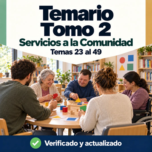Temario de Servicios a la Comunidad FP, tomo 2, temas 23 al 49, con una actividad participativa en un centro comunitario.