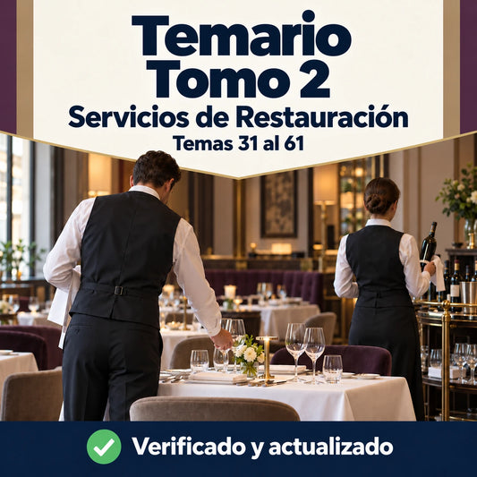 Temario de Servicios de Restauración FP, tomo 2, temas 31 al 61, con dos profesionales preparando el servicio de sala.