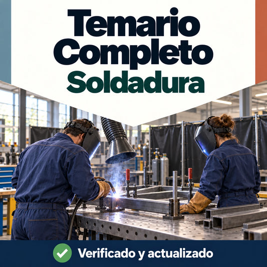 Temario de Soldadura FP, 65 temas, con dos profesionales soldando una estructura metálica.