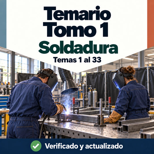 Temario de Soldadura FP, tomo 1, temas 1 al 33, con dos profesionales soldando una estructura metálica.