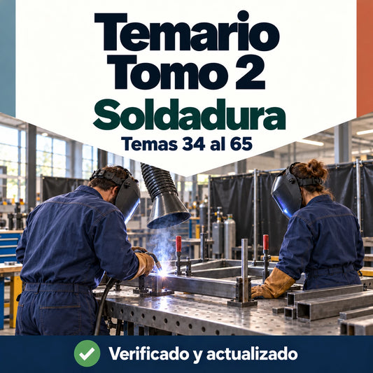 Temario de Soldadura FP, tomo 2, temas 34 al 65, con dos profesionales soldando una estructura metálica.