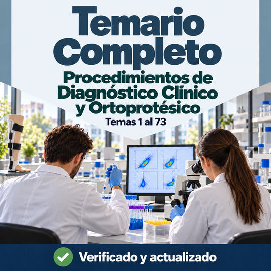 Temario completo de Procedimientos de Diagnóstico Clínico y Ortoprotésico FP, temas 1 al 73; profesionales trabajando en un laboratorio.